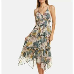 Walter Baker Tropical Print Midi Dress Sz XS V-neck Asymmetric Hem Ruffle Trim
